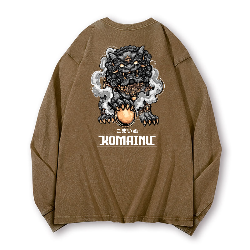 Komainu Vintage Washed Cotton Back Art Long-sleeve T-shirt