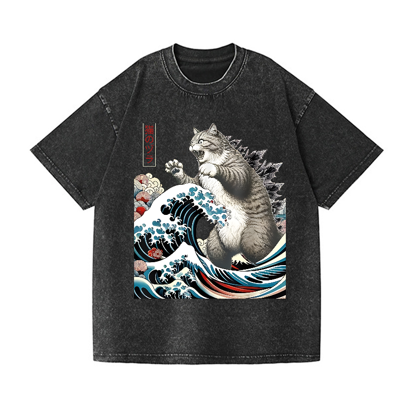 Cat godzilla Ukiyoe Great Wave Vintage Wash Japanese Design T-Shirt