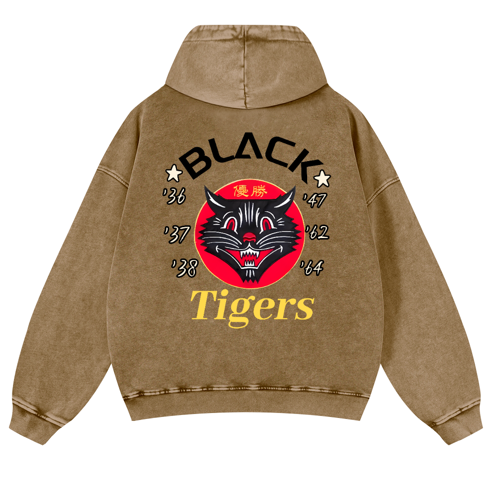Black Cat Vintage Washed Cotton Back Art Hoodie