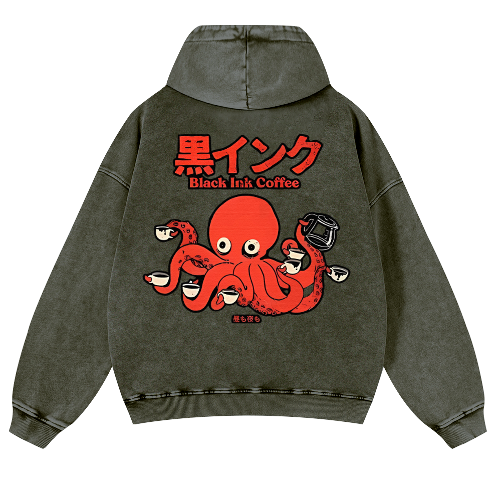 Black Ink Coffee Octopus Vintage Washed Cotton Back Art Hoodie
