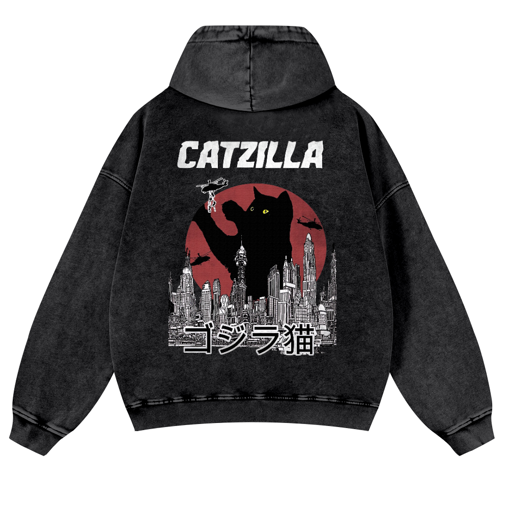 Catzilla Cat Godzilla Vintage Washed Cotton Back Art Hoodie