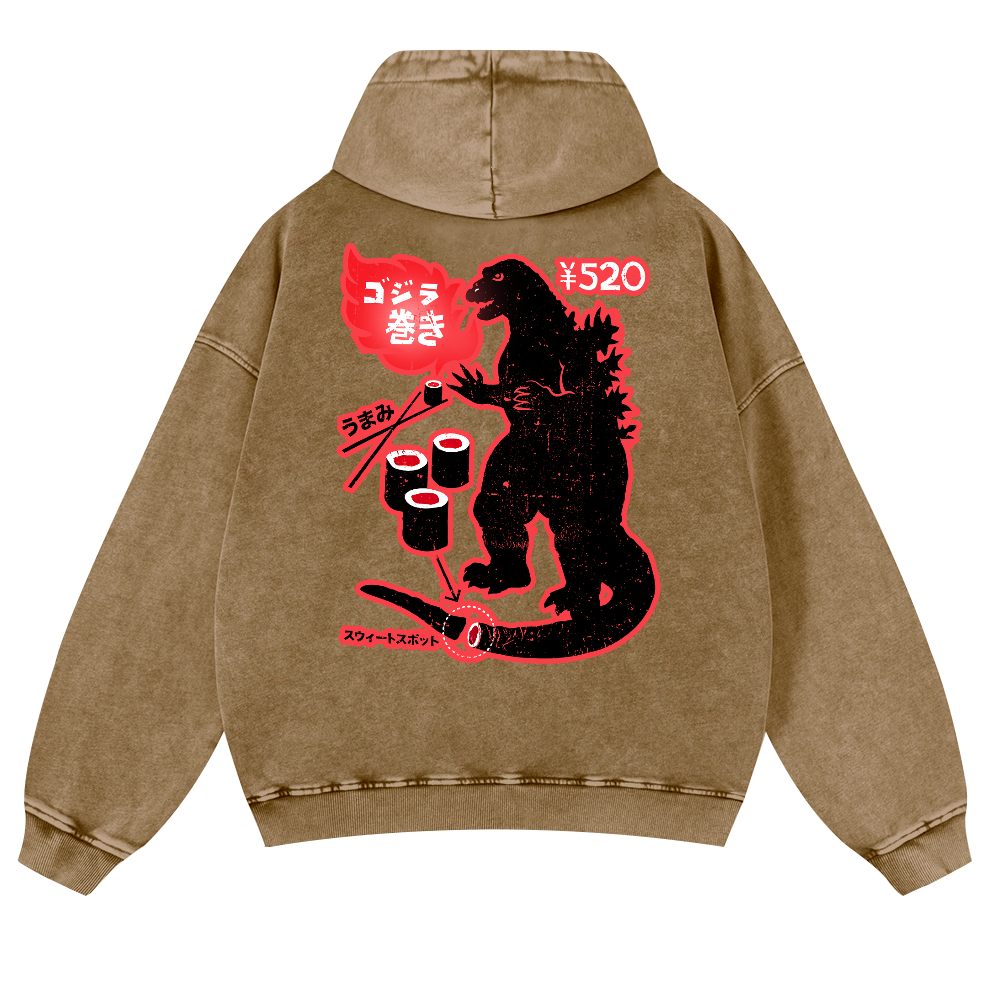 Godzilla Sushi Vintage Washed Cotton Back Art Hoodie
