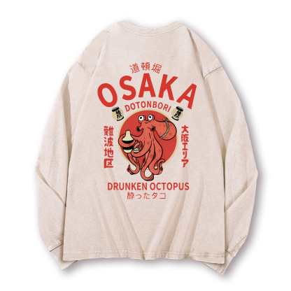 Osaka Dotonbori Drunken Octopus Vintage Washed Cotton Back Art Long-sleeve T-shirt