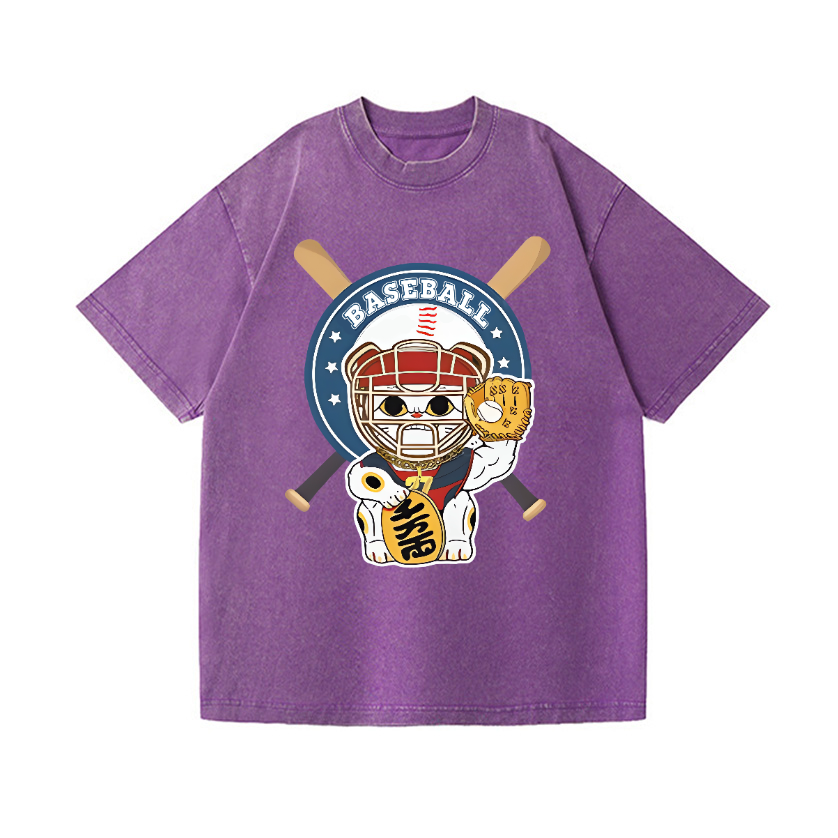 Baseball Maneki Neko Vintage Wash Japanese Design T-Shirt