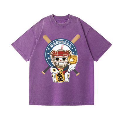 Baseball Maneki Neko Vintage Wash Japanese Design T-Shirt
