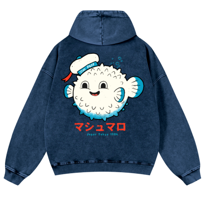 Puffer Fish Vintage Washed Cotton Back Art Hoodie