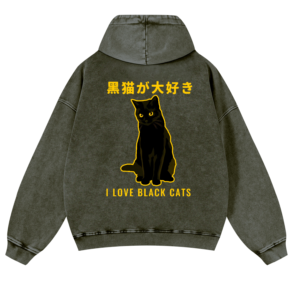 Black Cat Vintage Washed Cotton Back Art Hoodie