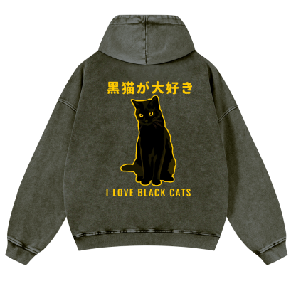 Black Cat Vintage Washed Cotton Back Art Hoodie
