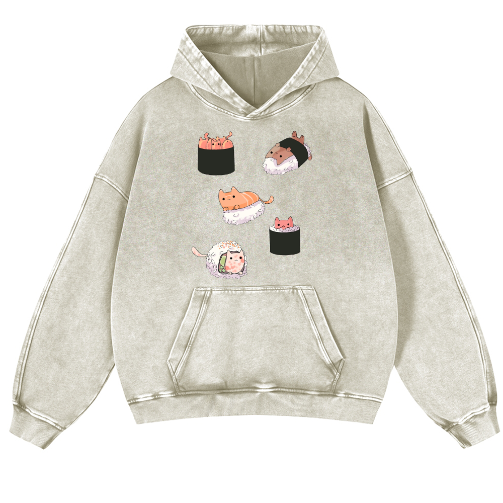 Sushi Cat Vintage Washed Thick Cotton Hoodie