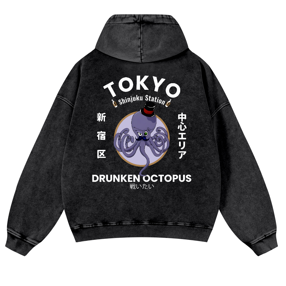 Tokyo Drunken Octopus Vintage Washed Cotton Back Art Hoodie
