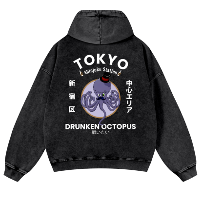 Tokyo Drunken Octopus Vintage Washed Cotton Back Art Hoodie
