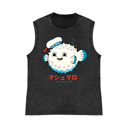 Puffer Fish Fugu Pure Cotton Wash-Dyed Sleeveless Tank Top