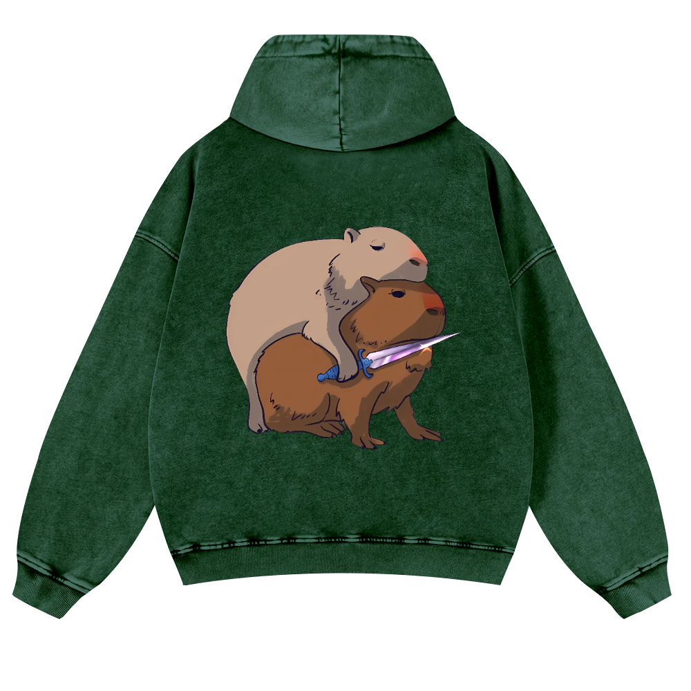 Capybaras and the Mysterious Sword Vintage Washed Cotton Back Art Hoodie