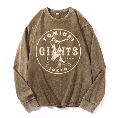 Tokyo Yomiuri Giants Baseball Vintage Cotton Wash Crewneck Long-Sleeve T-Shirt