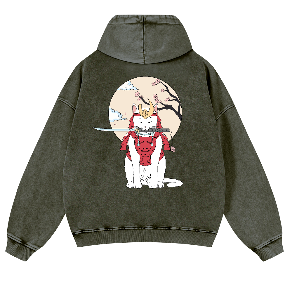 Samurai Cat Vintage Washed Cotton Back Art Hoodie