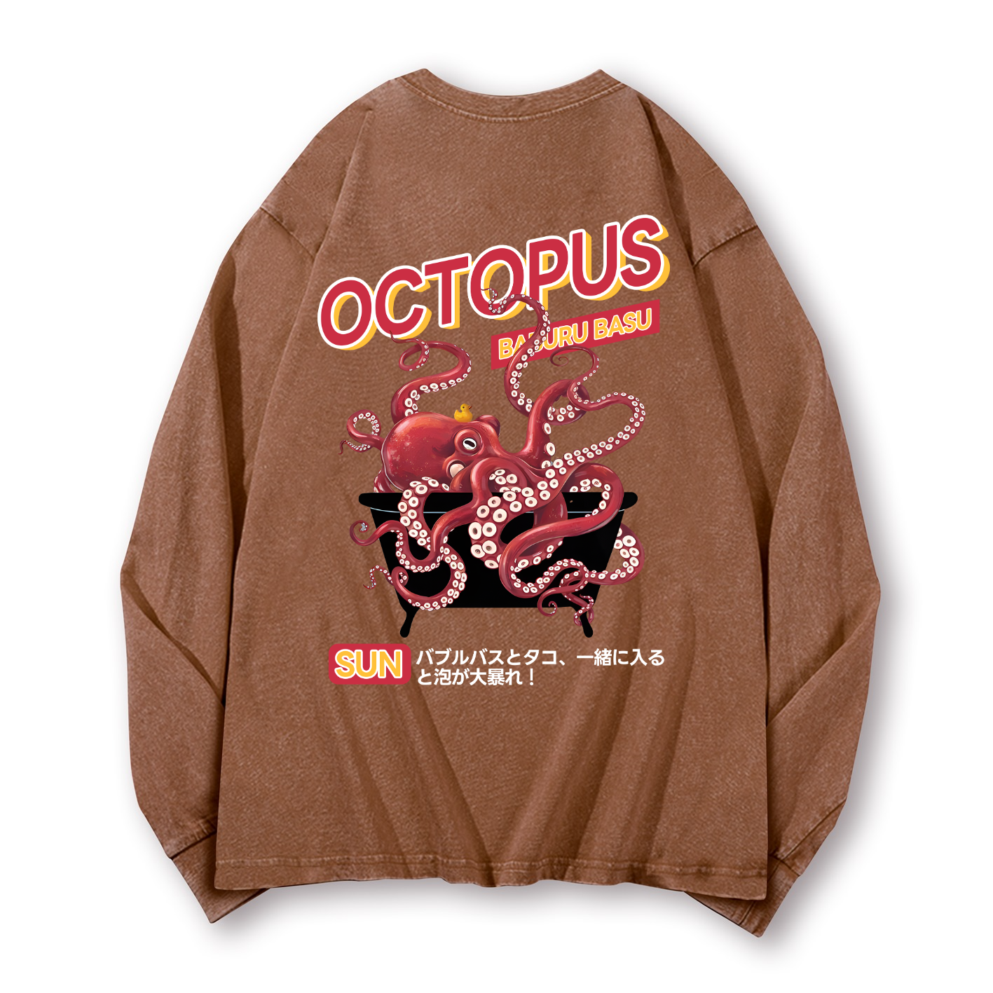Bubble Bath Octopus Vintage Washed Cotton Back Art Long-sleeve T-shirt