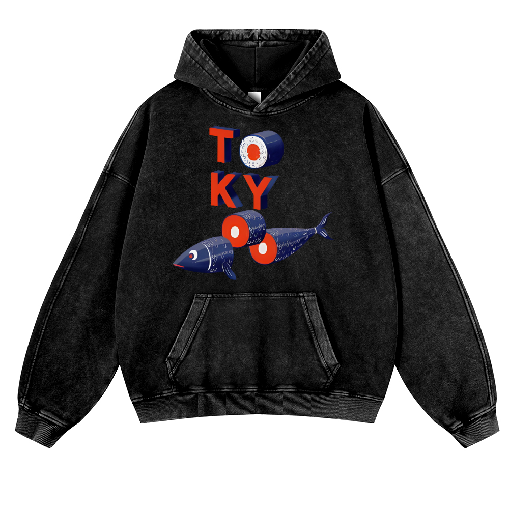 Tokyo Sushi Fish Vintage Washed Thick Cotton Hoodie