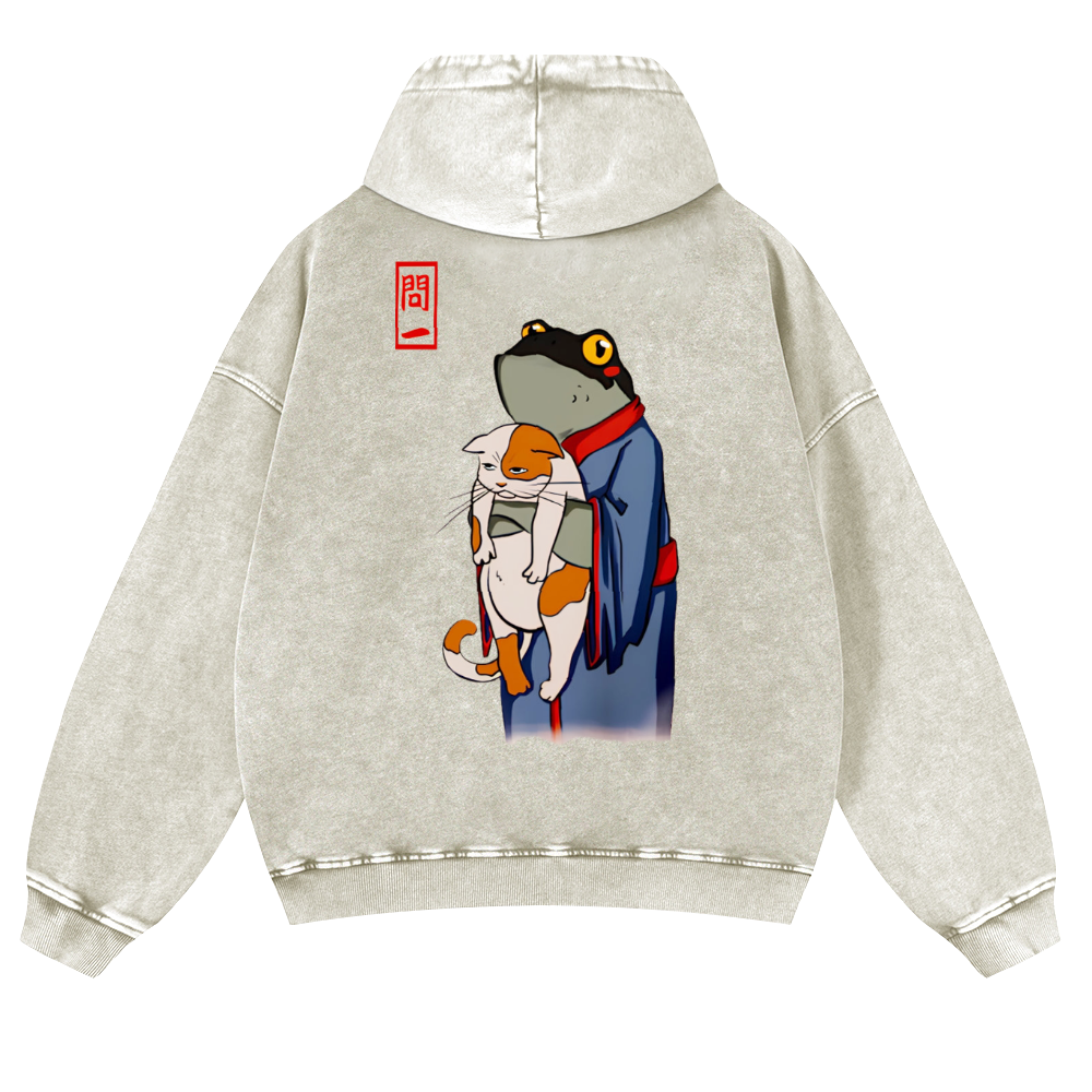 Frog and Cat Vintage Washed Cotton Back Art Hoodie