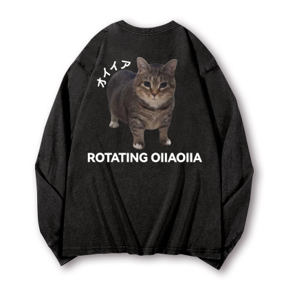 OIIA Cat Vintage Washed Cotton Back Art Long-sleeve T-shirt