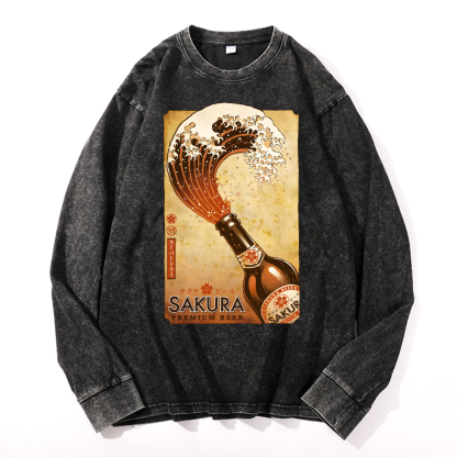 Sakura Wave Vintage Cotton Wash Crewneck Sweatshirt