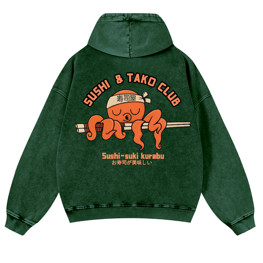 Sushi and Tako Octopus Vintage Washed Cotton Back Art Hoodie