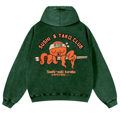 Sushi and Tako Octopus Vintage Washed Cotton Back Art Hoodie