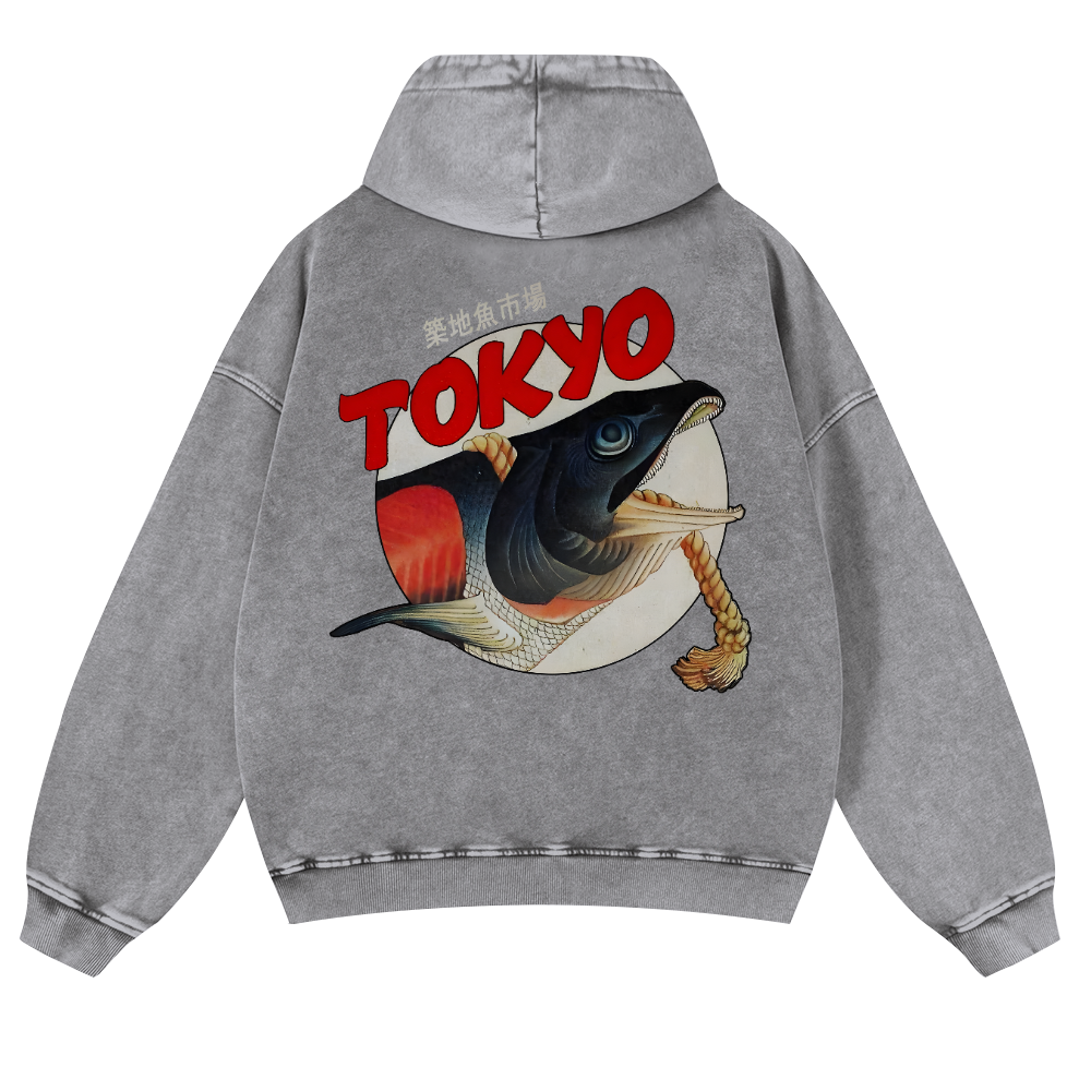Tsukiji Fish Market Vintage Washed Cotton Back Art Hoodie