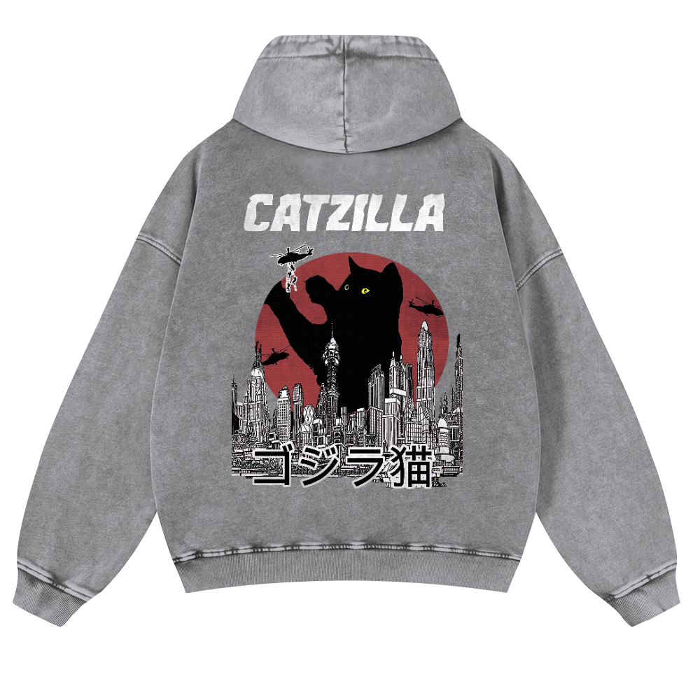 Catzilla Cat Godzilla Vintage Washed Cotton Back Art Hoodie