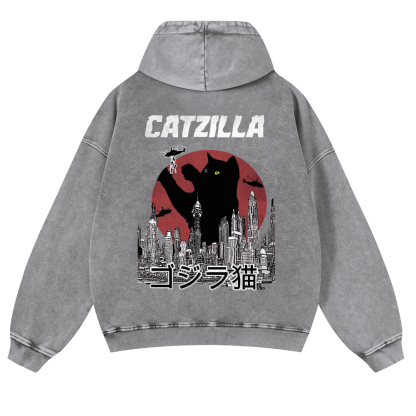 Catzilla Cat Godzilla Vintage Washed Cotton Back Art Hoodie