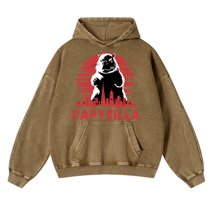 Capybara Godzilla Capyzilla Vintage Washed Thick Cotton Hoodie