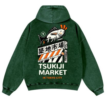 Tsukiji Fish Market Vintage Washed Cotton Back Art Hoodie