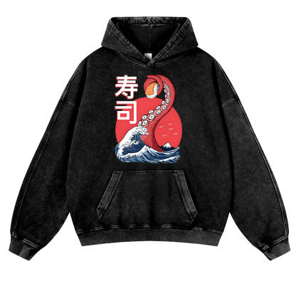 Sushi Octopus Vintage Washed Thick Cotton Hoodie