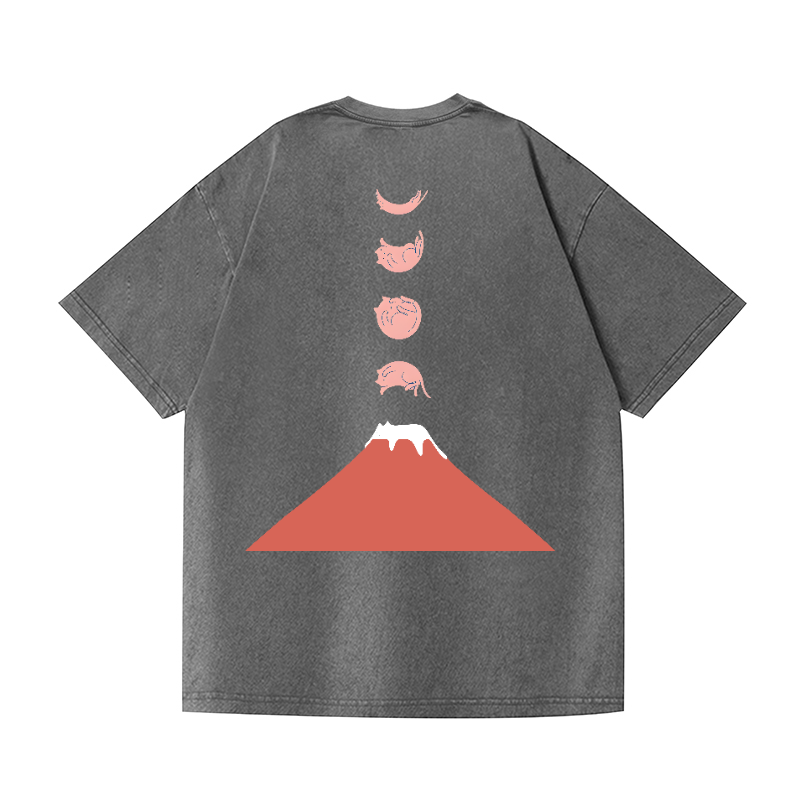 Cat Mount Fuji Vintage Wash Japanese Design Back Art T-Shirt