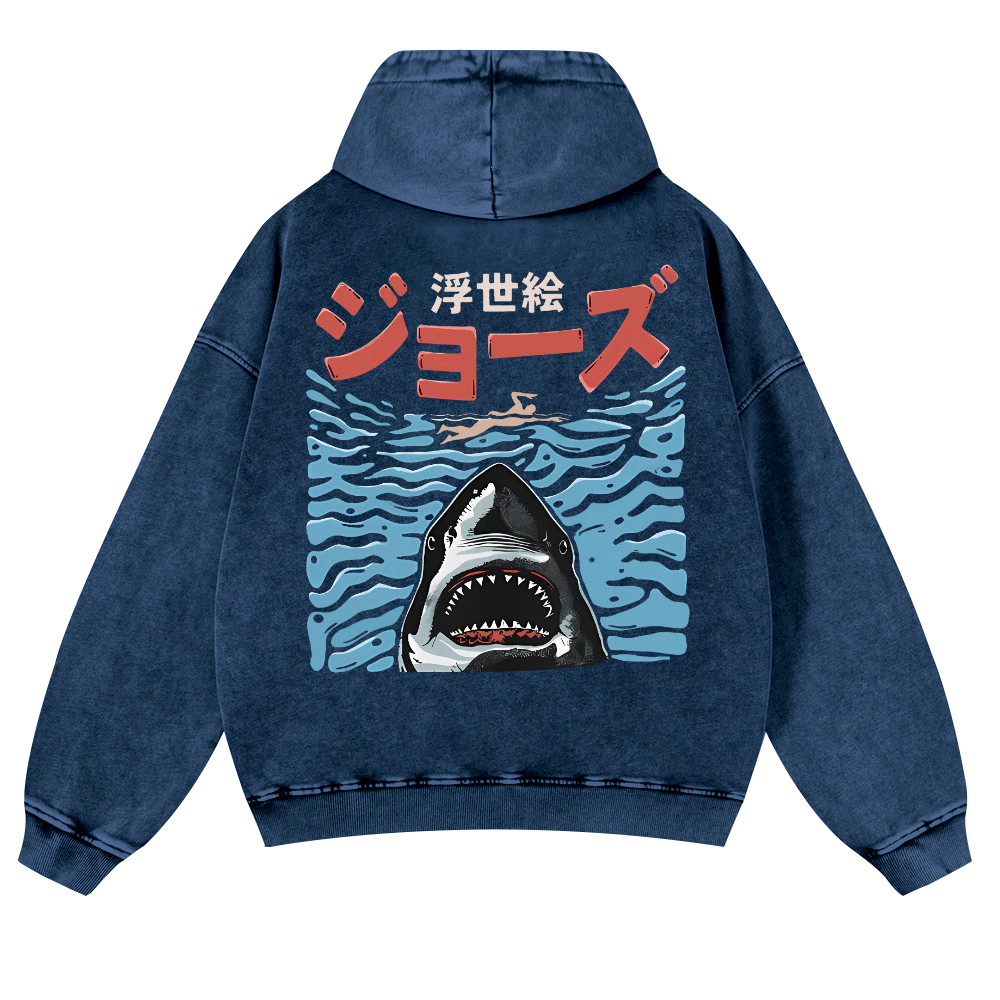 Ukiyoe Jaws Shark Vintage Washed Cotton Back Art Hoodie