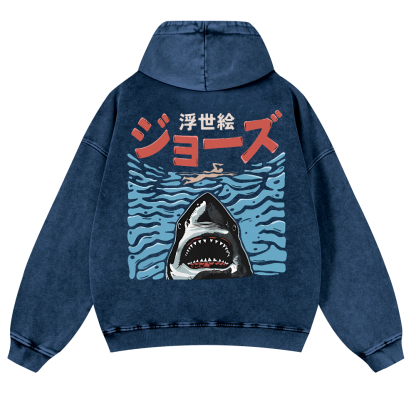 Ukiyoe Jaws Shark Vintage Washed Cotton Back Art Hoodie