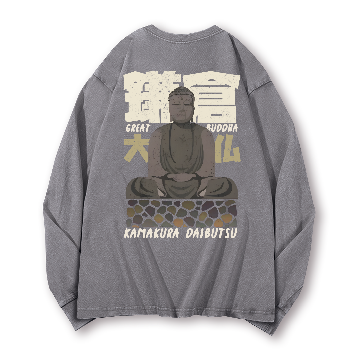 Kamakura Daibutsu Great Buddha Vintage Washed Cotton Back Art Long-sleeve T-shirt