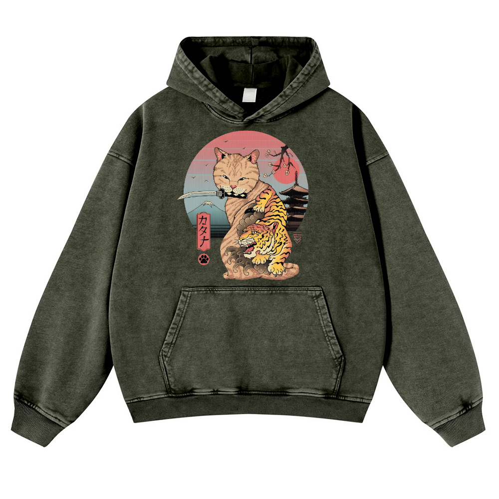 Japanese themed Cat Tiger Illustration Vintage Washed Thick Cotton Hoodie