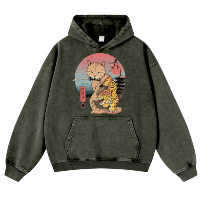 Japanese themed Cat Tiger Illustration Vintage Washed Thick Cotton Hoodie