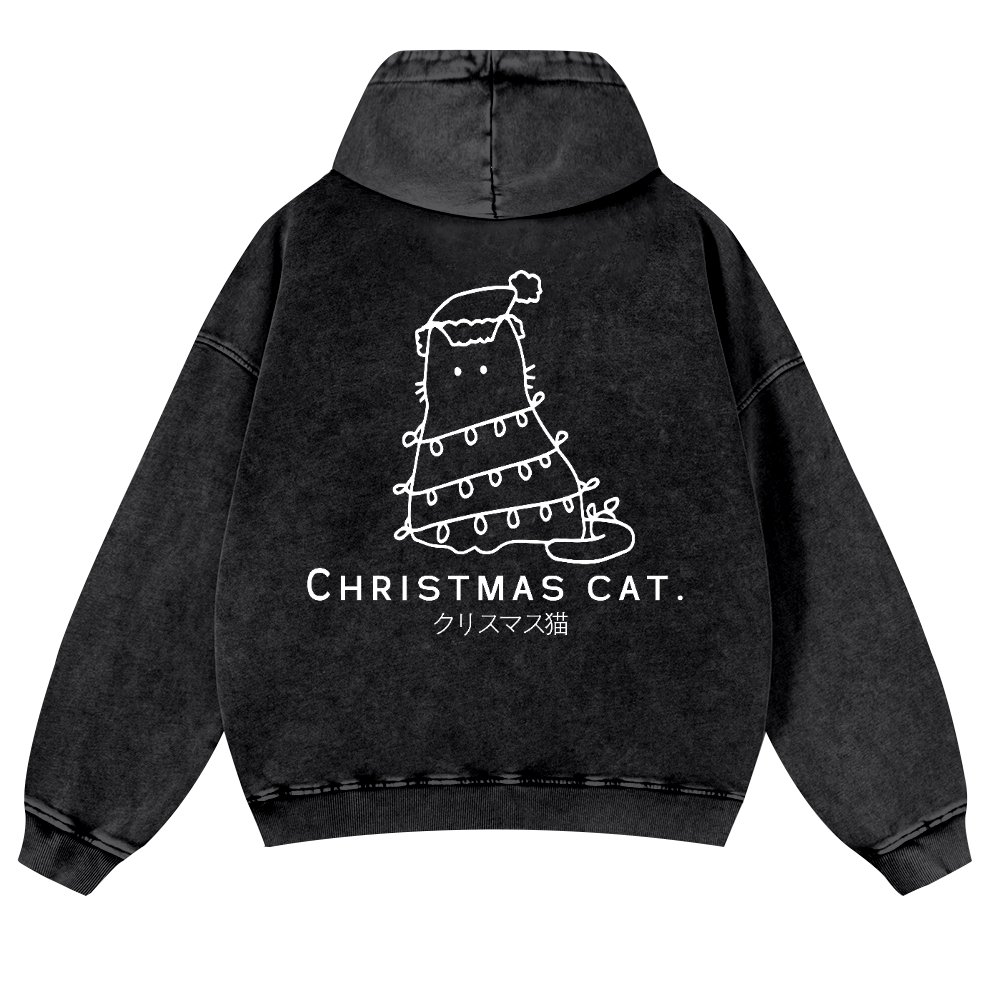 Christmas Cat Vintage Washed Cotton Back Art Hoodie