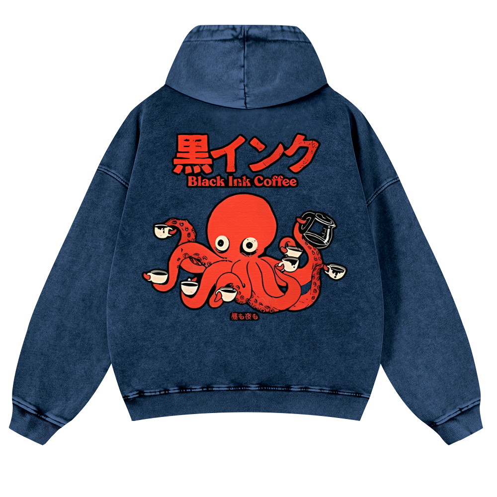 Black Ink Coffee Octopus Vintage Washed Cotton Back Art Hoodie