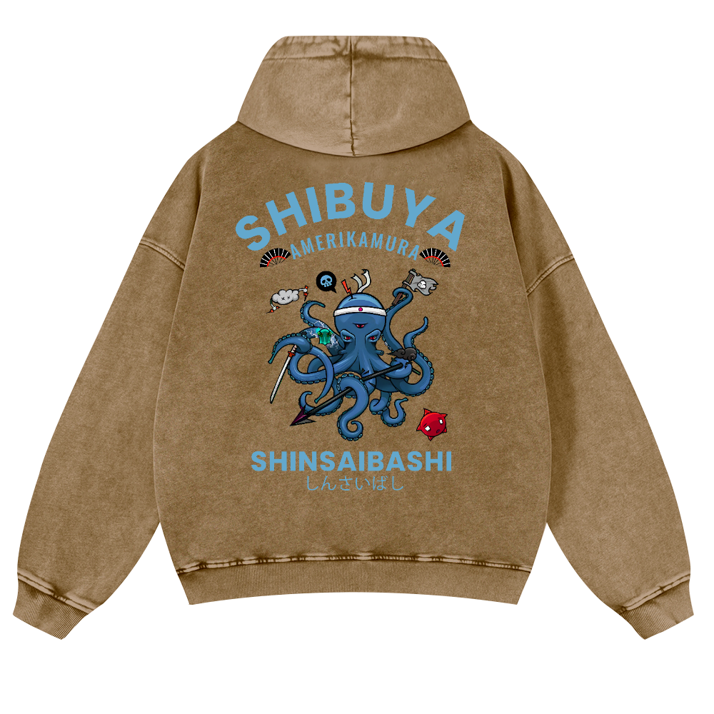 Shibuya Octopus Vintage Washed Cotton Back Art Hoodie