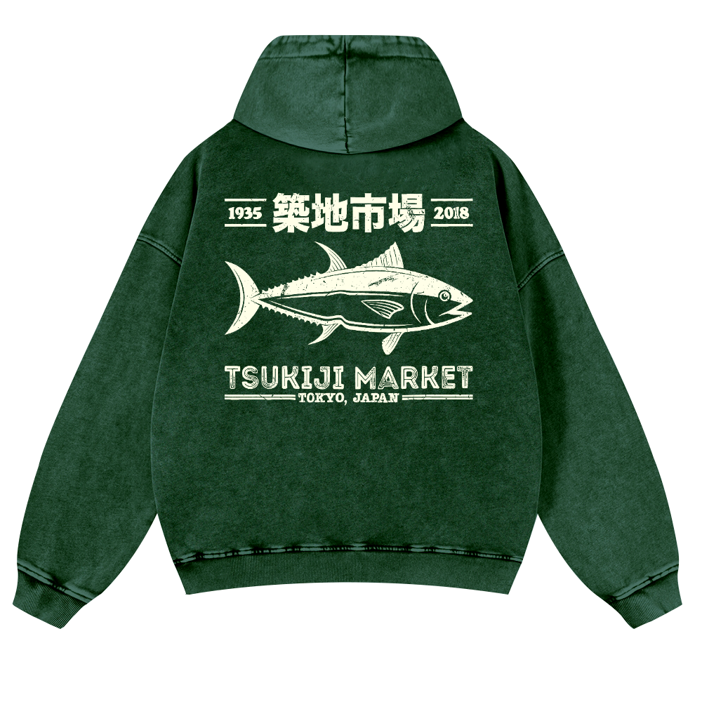 Tsukiji Market Fish Vintage Washed Cotton Back Art Hoodie