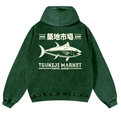 Tsukiji Market Fish Vintage Washed Cotton Back Art Hoodie