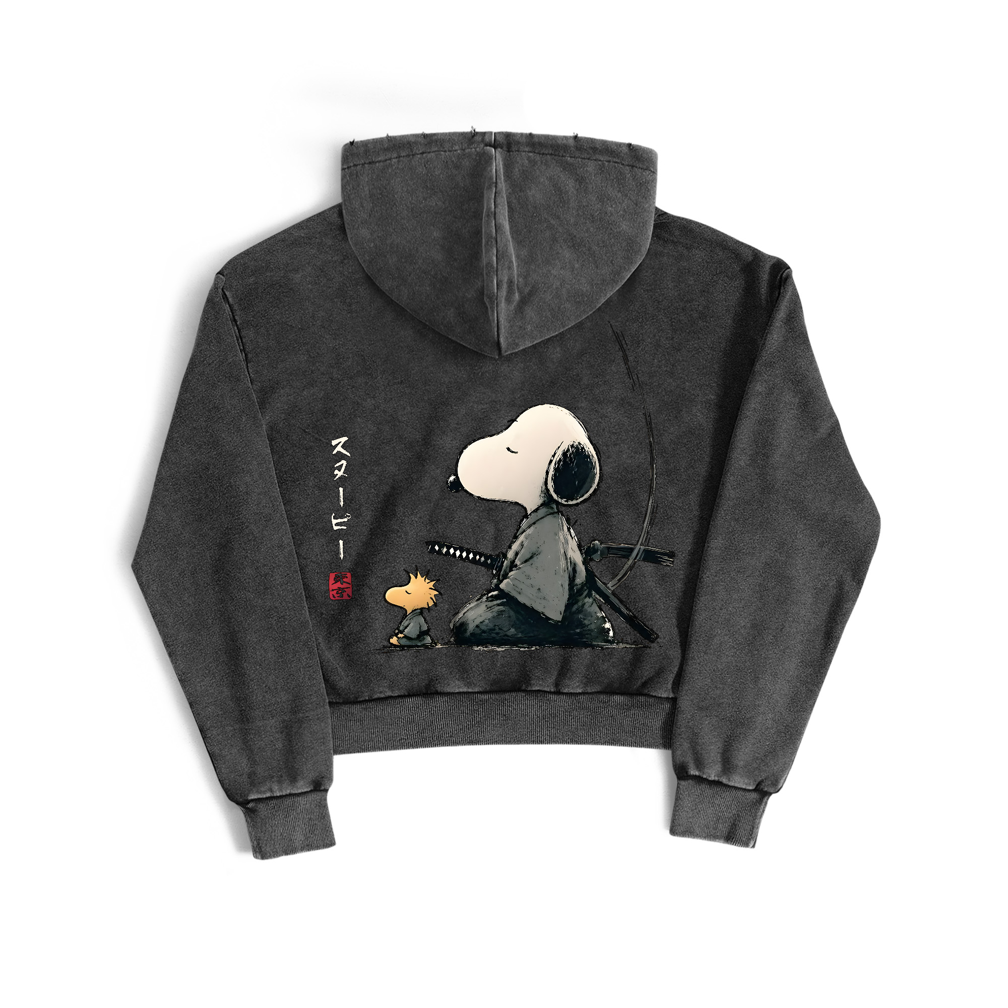 Samurai Style Peanuts Ink Ukiyo-e Vintage Washed Double-Sided Graphic Zip Hoodie