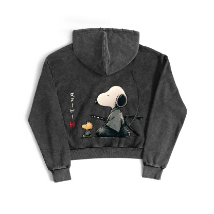 Samurai Style Peanuts Ink Ukiyo-e Vintage Washed Double-Sided Graphic Zip Hoodie