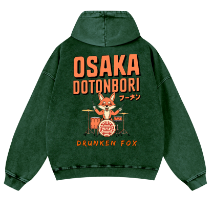 Osaka Dotonbori Drunken Fox Vintage Washed Cotton Back Art Hoodie