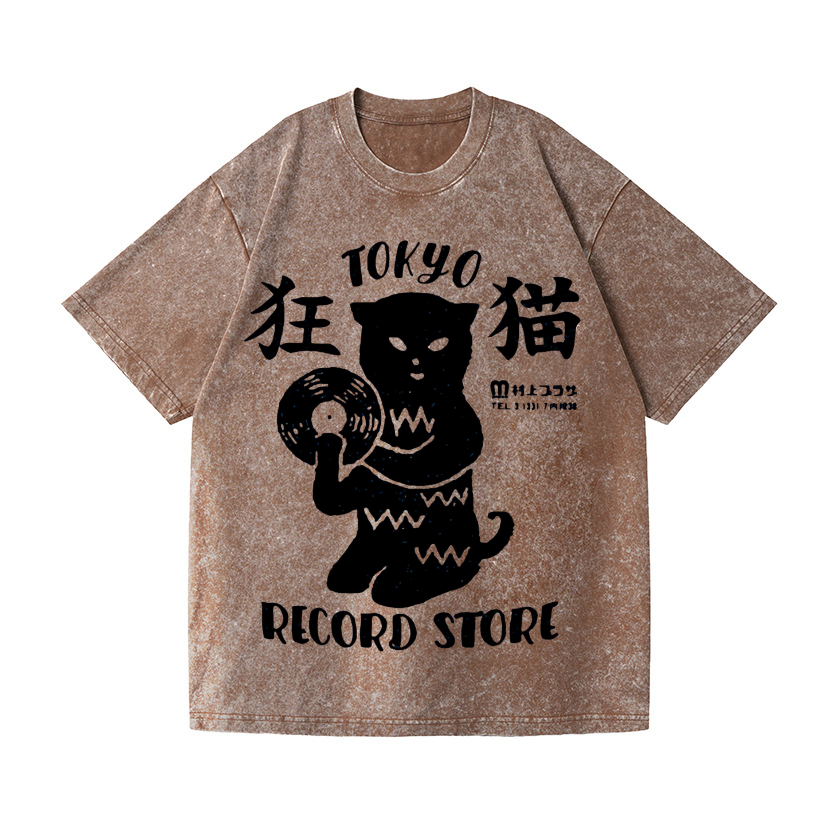 Tokyo Cat Record Store Vintage Wash Japanese Design T-Shirt