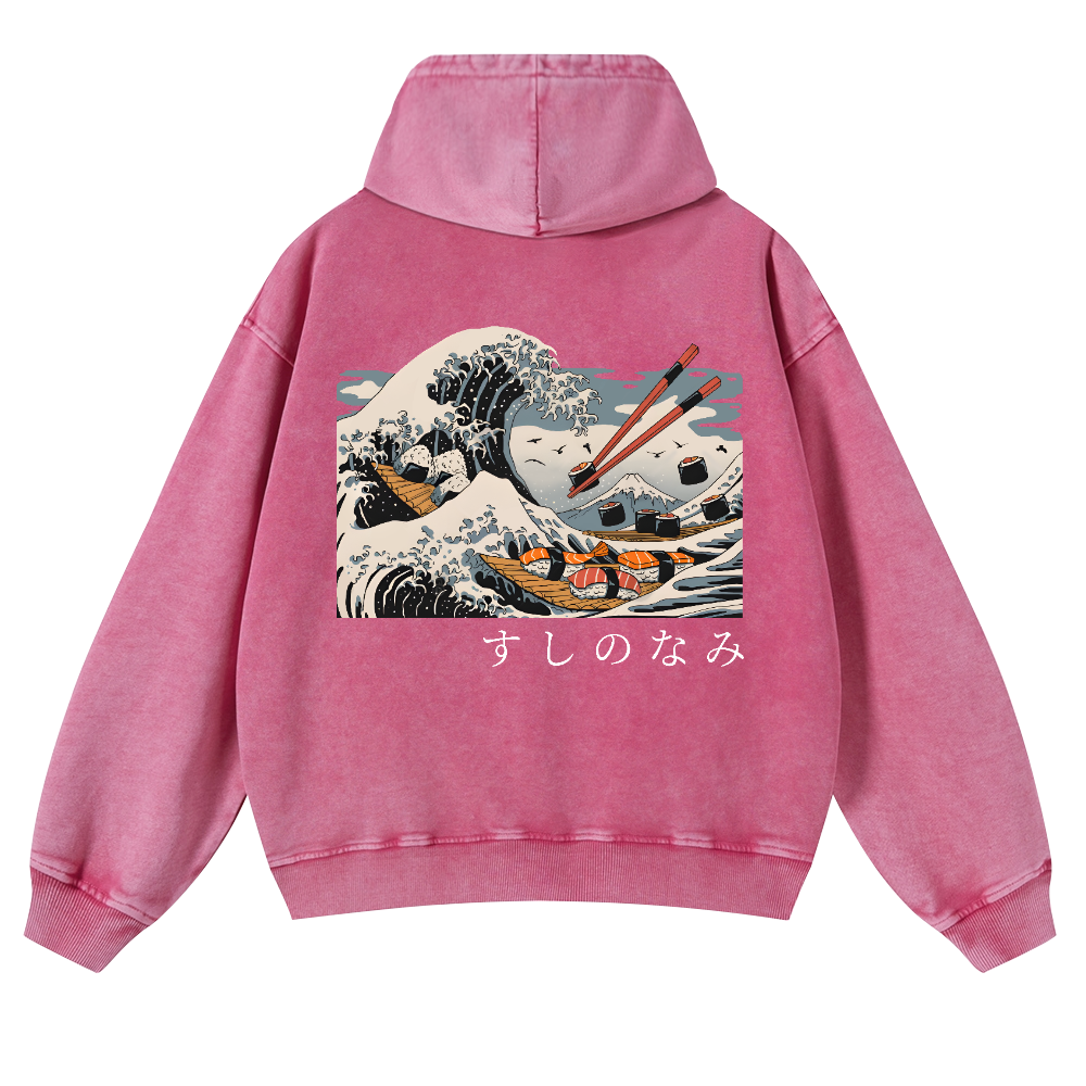 Sushi Kanagawa Wave Ukiyoe Vintage Washed Cotton Back Art Hoodie