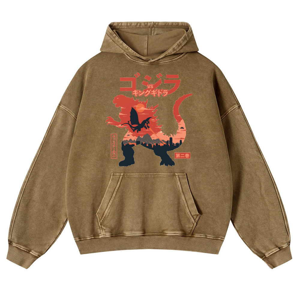 Godzilla vs. King Ghidorah Showdown Vintage Washed Thick Cotton Hoodie