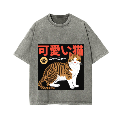 Cat Vintage Wash Japanese Design T-Shirt